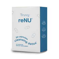 Truvy Renu Detox bottle closeup shows plant-based capsules for daily digestive support.