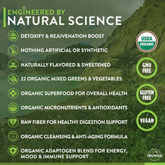 TruWild Greens Cucumber Mint label front highlighting organic ingredients and 22+ greens