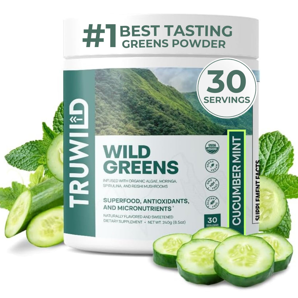 TruWild Greens Cucumber Mint tub shows vibrant powder for daily immune and digestion support
