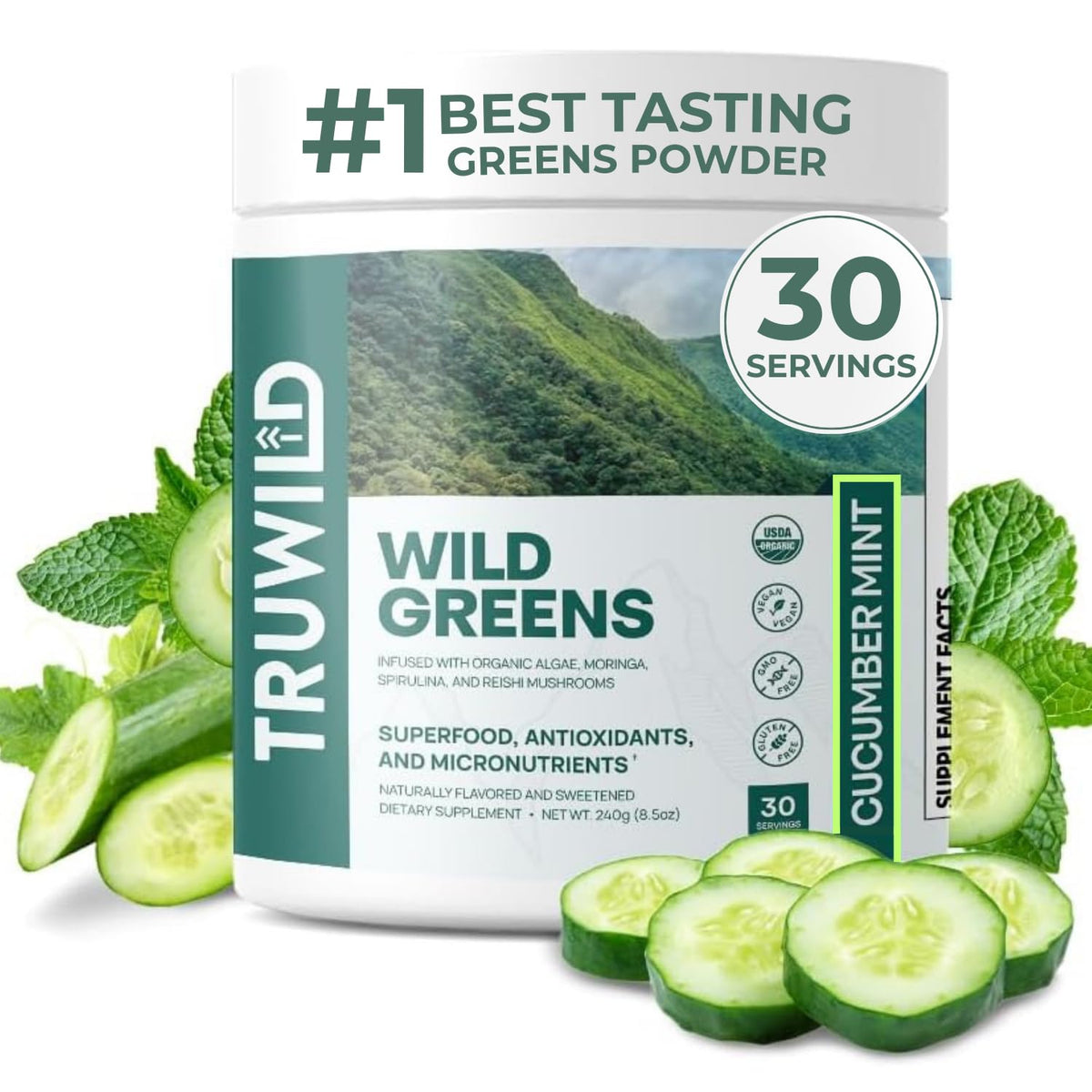 TruWild Greens Cucumber Mint tub shows vibrant powder for daily immune and digestion support