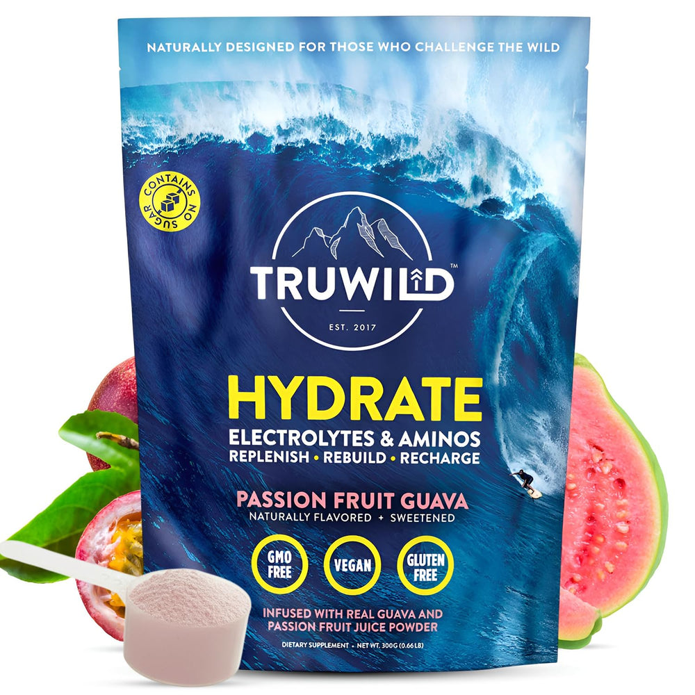 TruWild Hydrate tub close-up highlighting premium electrolytes for everyday hydration.