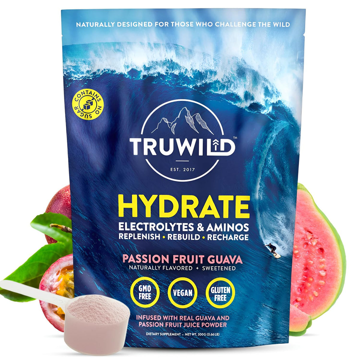 TruWild Hydrate tub close-up highlighting premium electrolytes for everyday hydration.