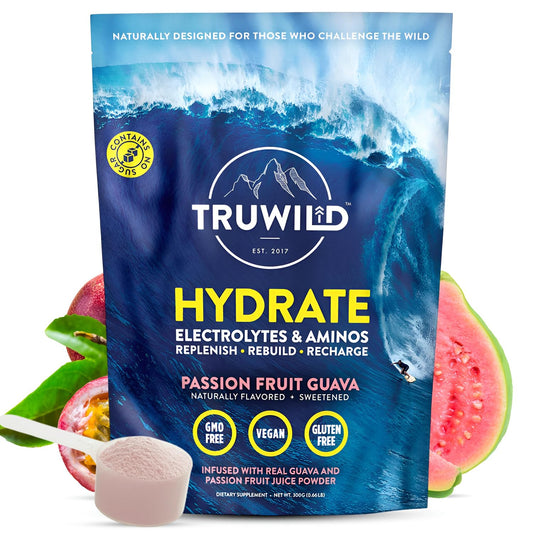 TruWild Hydrate tub close-up highlighting premium electrolytes for everyday hydration.