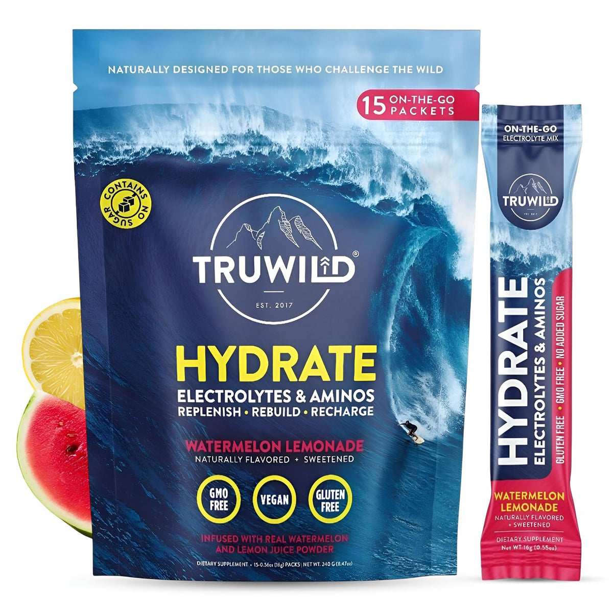 TruWild Hydrate Watermelon Lemonade packet ready for zero-sugar hydration on the go