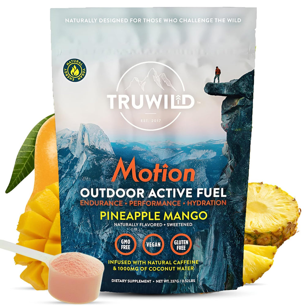 TruWild Motion Pineapple Mango tub front promotes clean vegan energy.