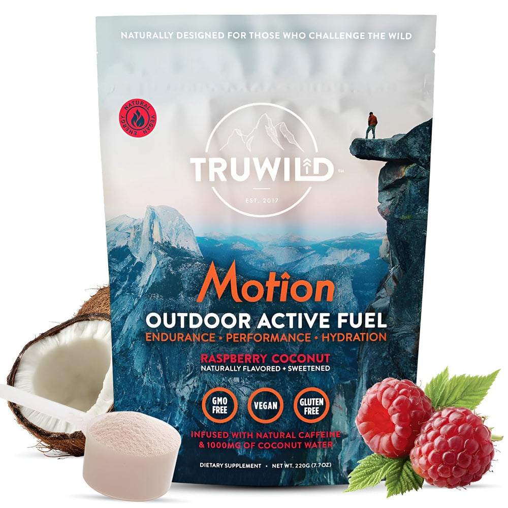 TruWild Motion powder tin with plant-based pre-workout for steady energy.