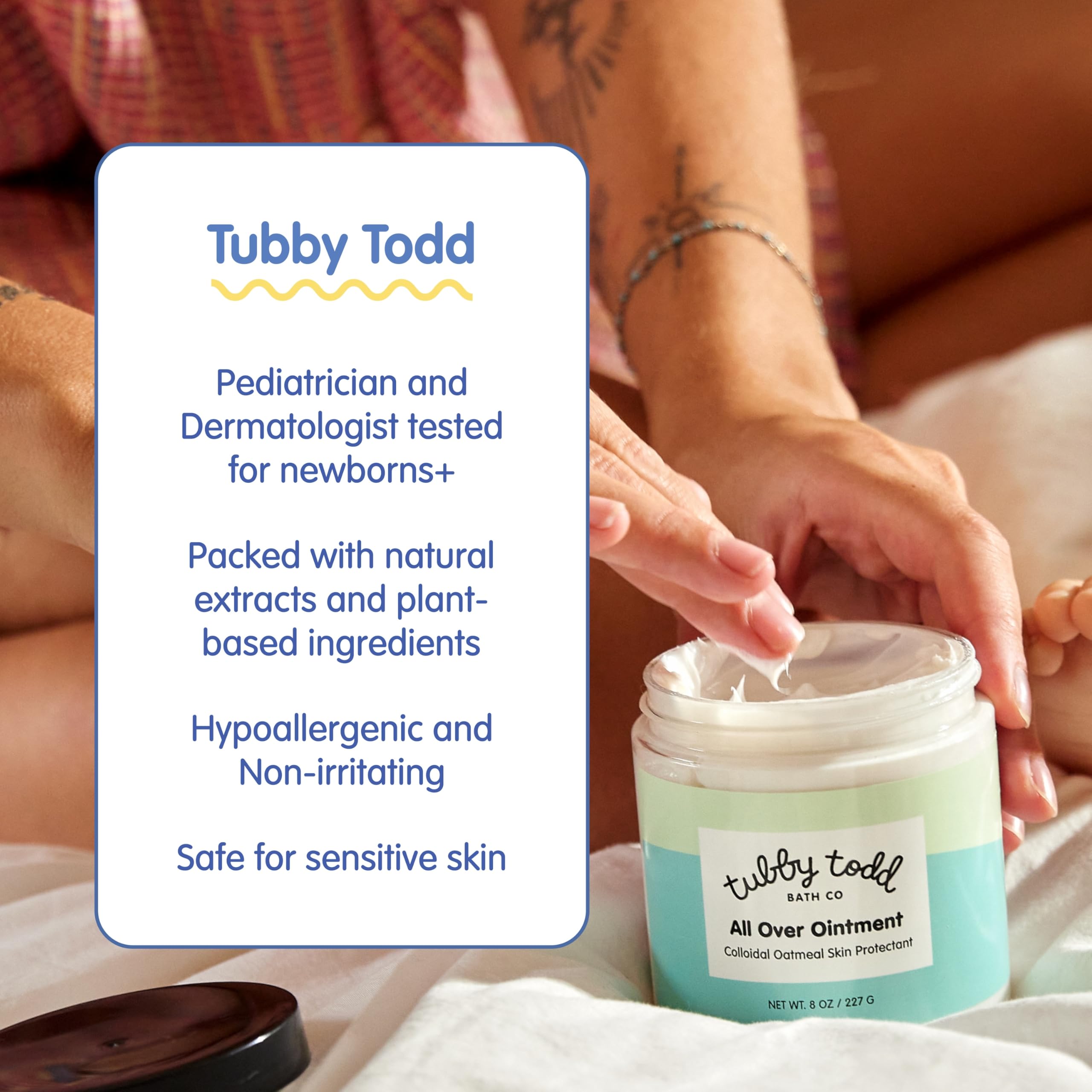 Tubby Todd Essentials all over ointment texture close-up with oatmeal and emollients.