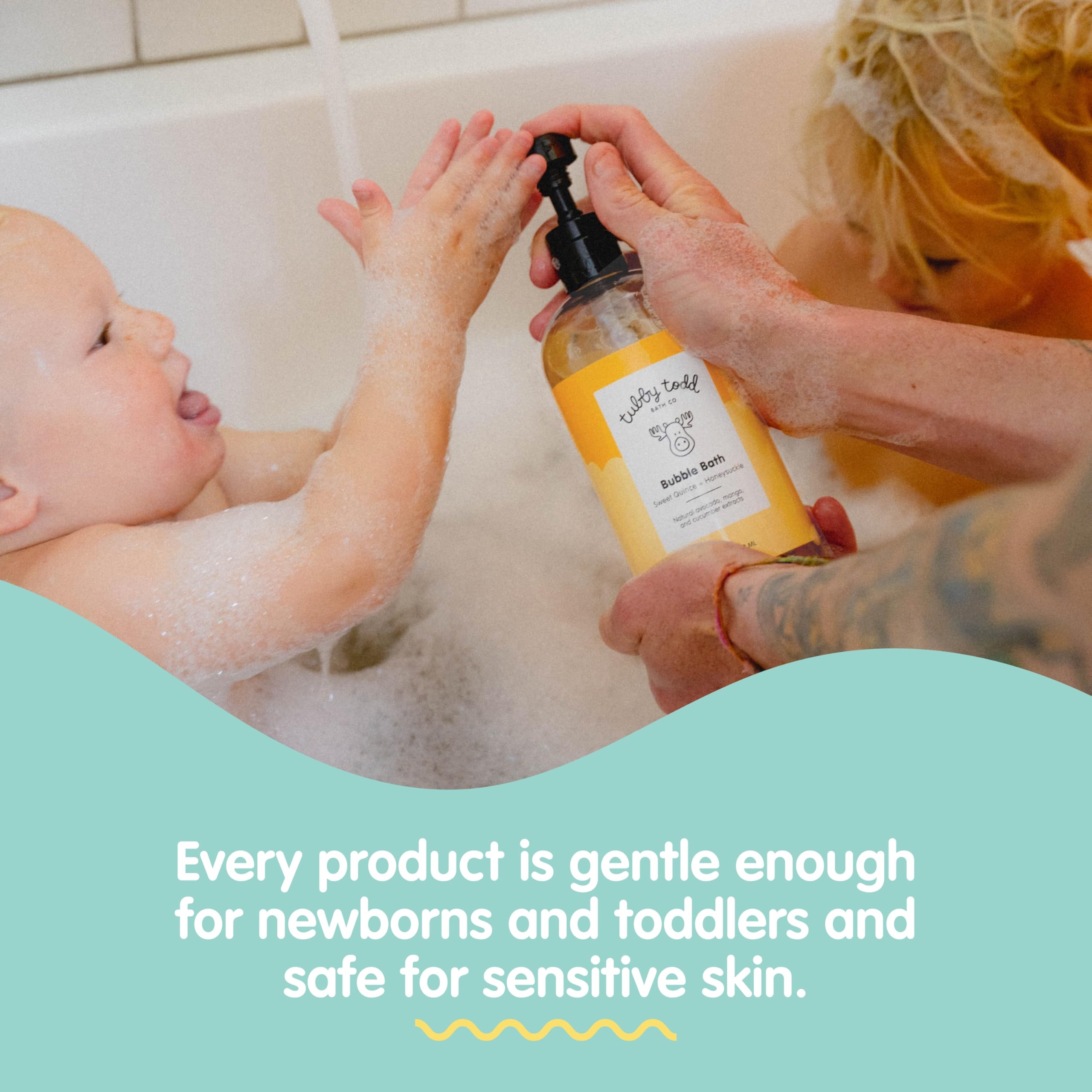 Tubby Todd Essentials bubble bath pour with soft, fluffy bubbles for bath time.