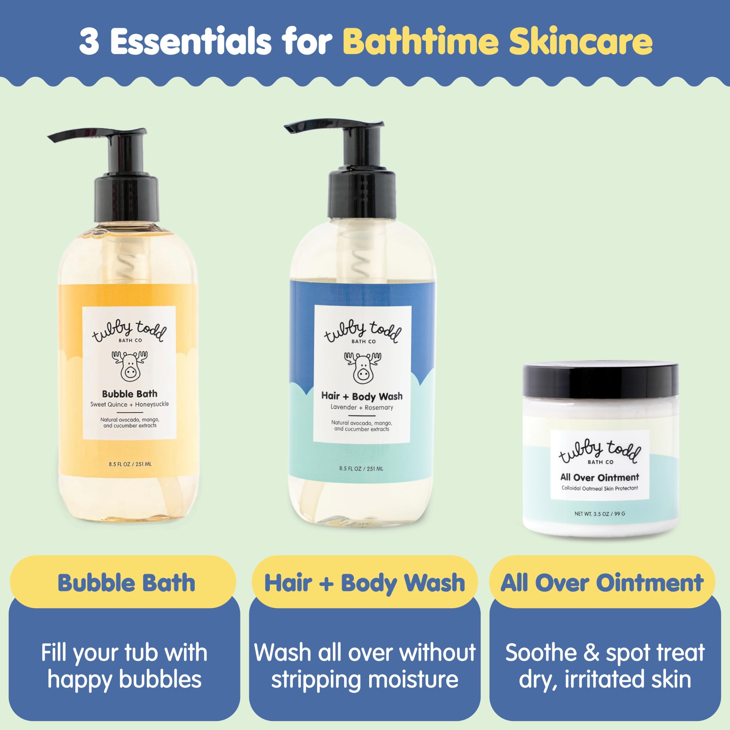 Tubby Todd Essentials fragrance-free wash close-up, gentle cleanse for sensitive skin.