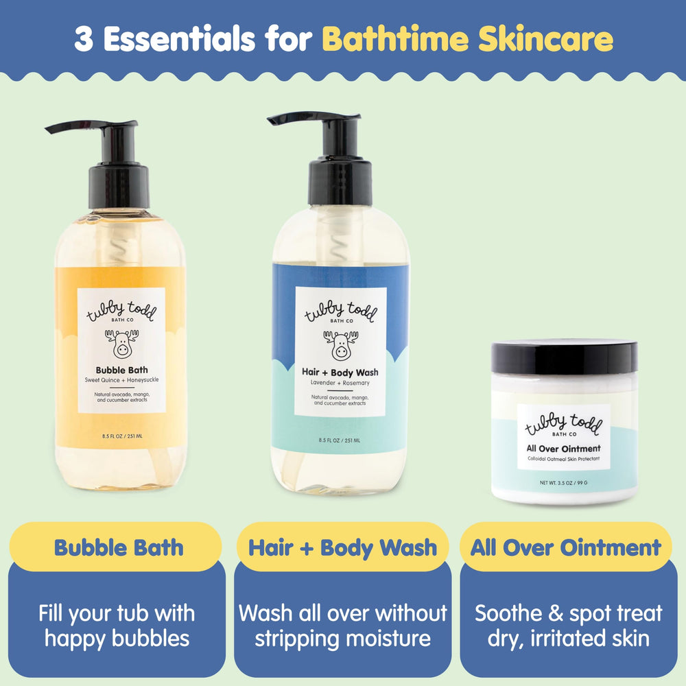 Tubby Todd Essentials fragrance-free wash close-up, gentle cleanse for sensitive skin.