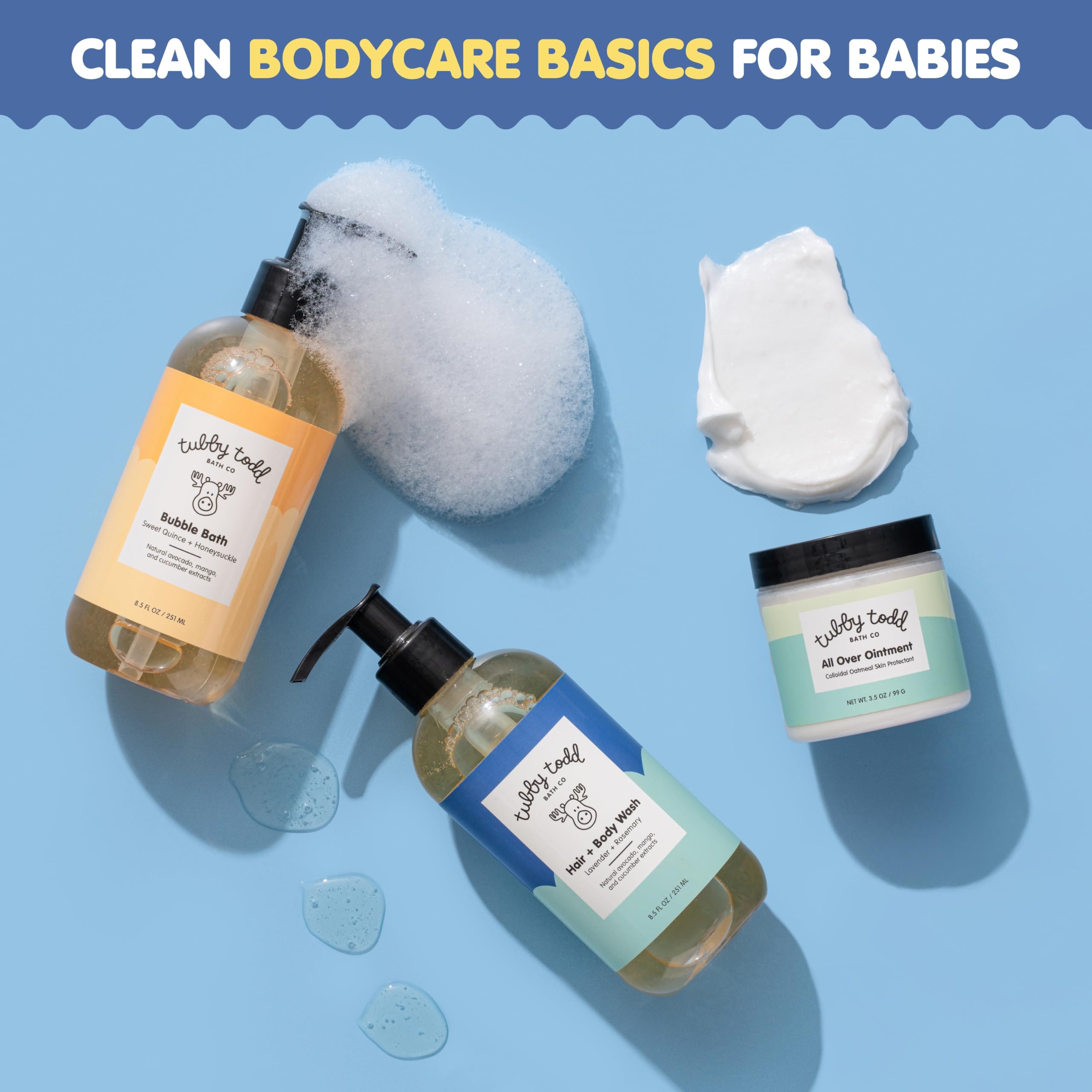 Tubby Todd Essentials lavender rosemary hair+body wash close-up, calming cleansing for babies.