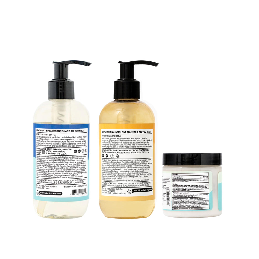 Close-up of Tubby Todd gentle ingredients highlighting clean formula.