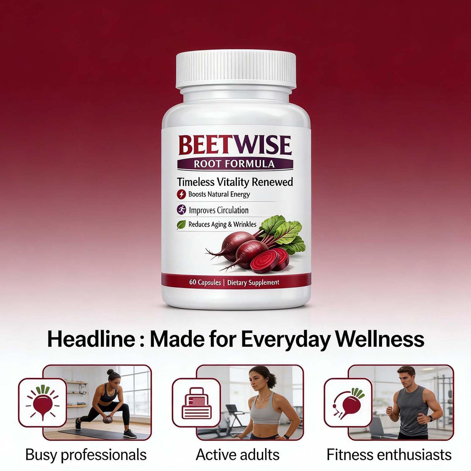 Tufonra Beetwise Root capsules closeup, organic beetroot in a vegan capsule.