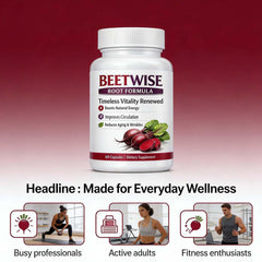 Tufonra Beetwise Root capsules closeup, organic beetroot in a vegan capsule.