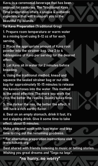 TUI KAVA 5+ year mature kava note signals consistent potency.