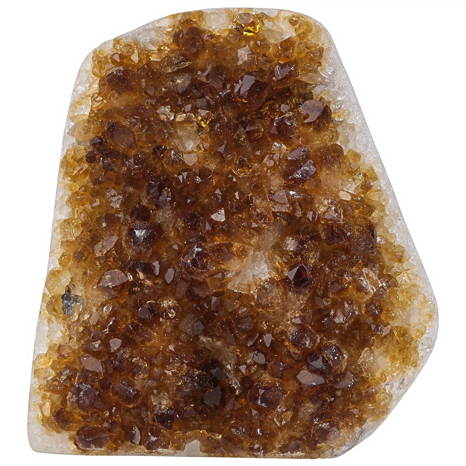 TUMBEELLUWA Citrine cluster geode front view, bright focal point for shelves.