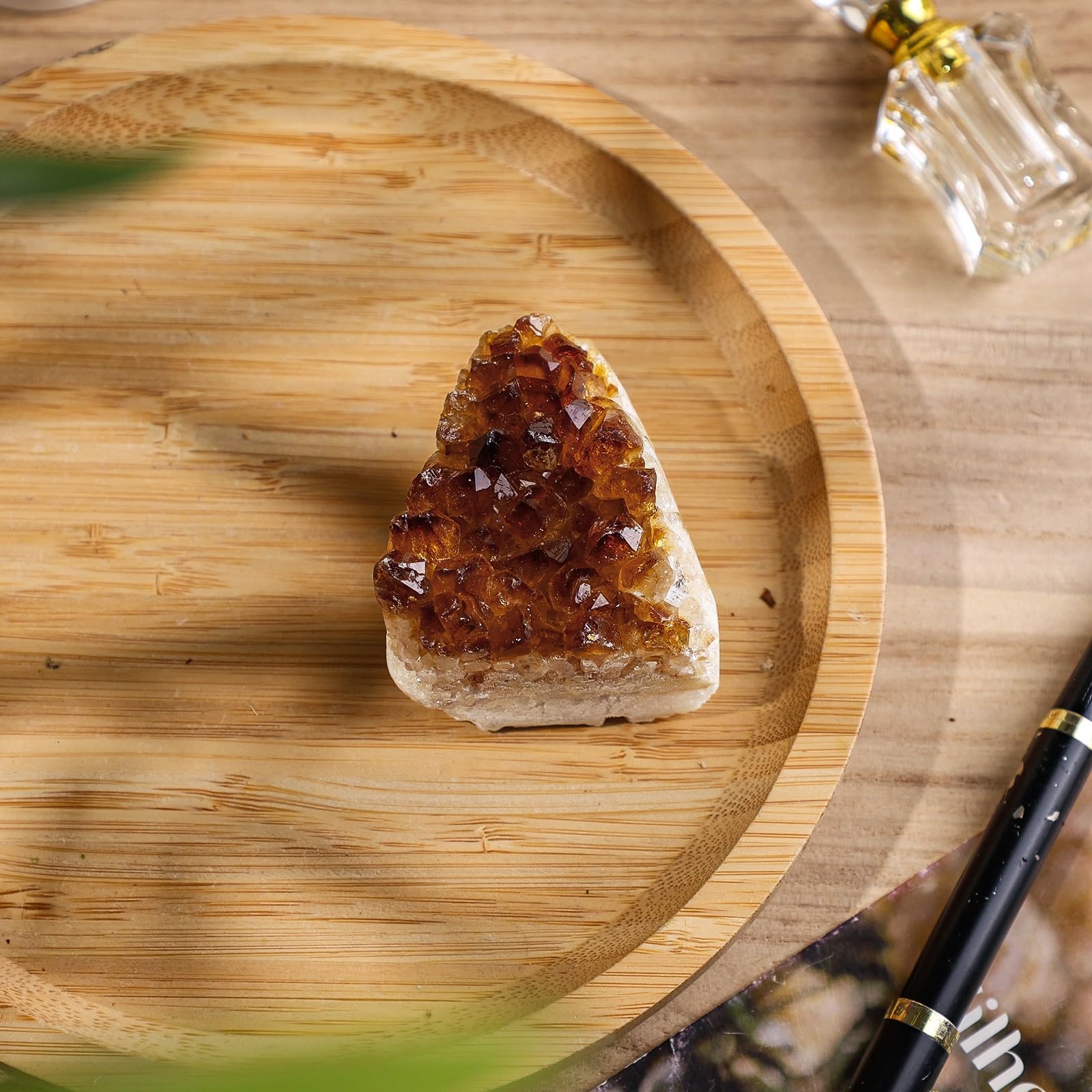Citrine crystal arrangement positioned on a shelf for visual interest