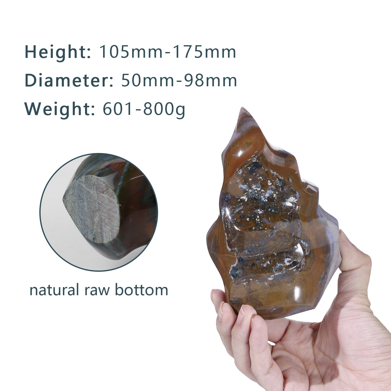 Tumbeelluwa Ocean Jasper flame-tower on shelf reveals authentic imperfections.