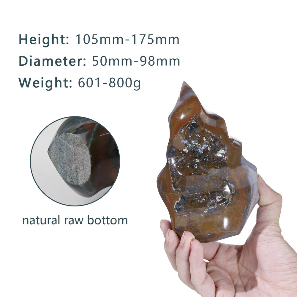 Tumbeelluwa Ocean Jasper flame-tower on shelf reveals authentic imperfections.