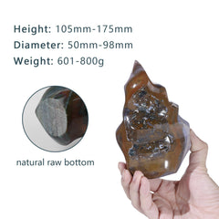 Tumbeelluwa Ocean Jasper flame-tower on shelf reveals authentic imperfections.