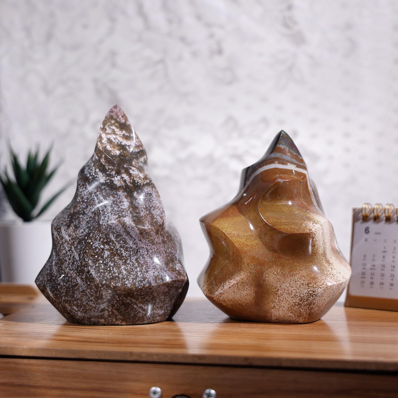 TUMBEELLUWA Ocean Jasper Flame Tower on a desk for serene workspace