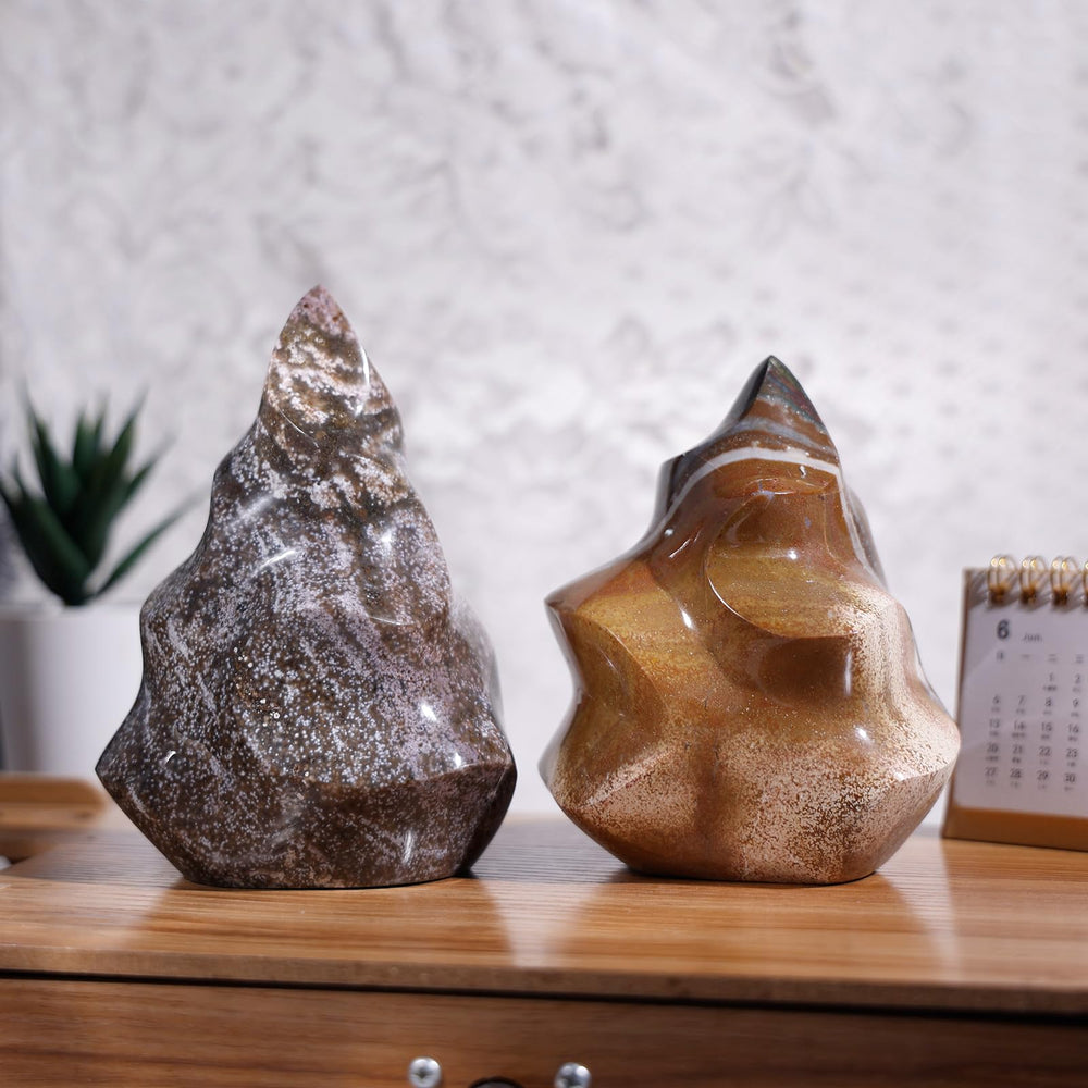 TUMBEELLUWA Ocean Jasper Flame Tower on a desk for serene workspace
