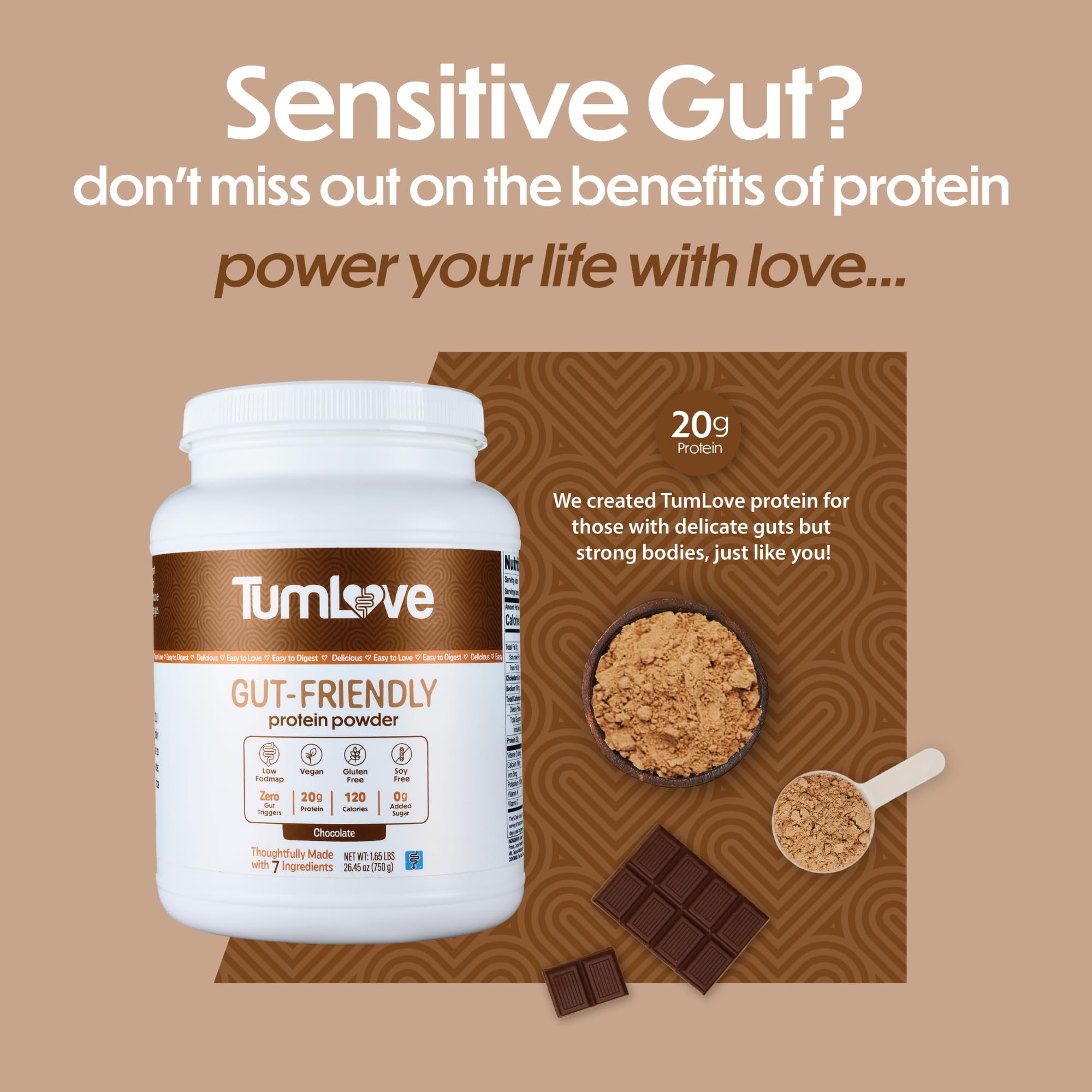 TumLove ingredients label demonstrates gluten-free and dairy-free claims for gentle nutrition.