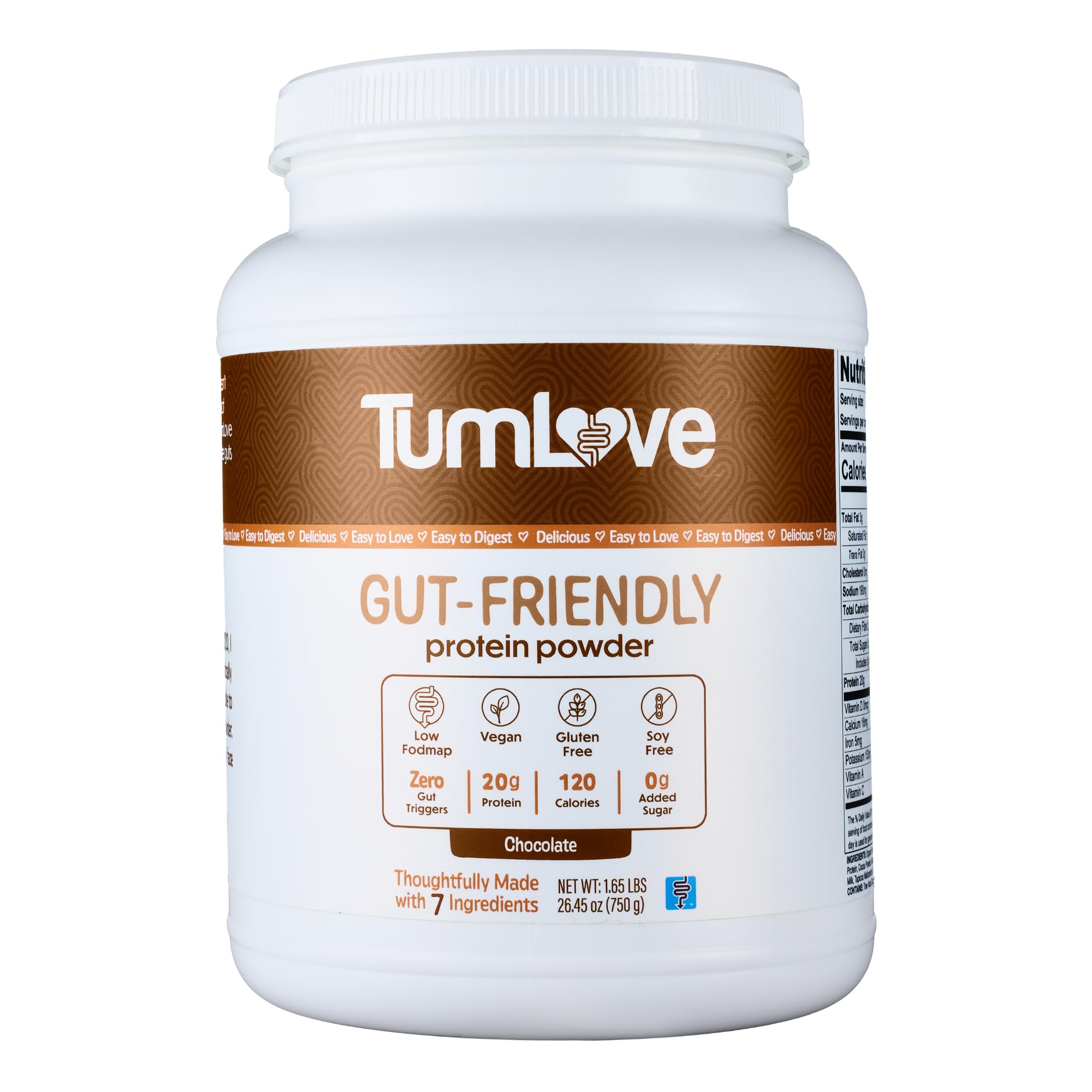 TumLove Chocolate vegan protein powder bottle demonstrates gut-friendly, gluten-free formula for everyday workouts.