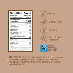 TumLove Chocolate vegan protein powder scoop highlights tasty mix with low bloating potential.