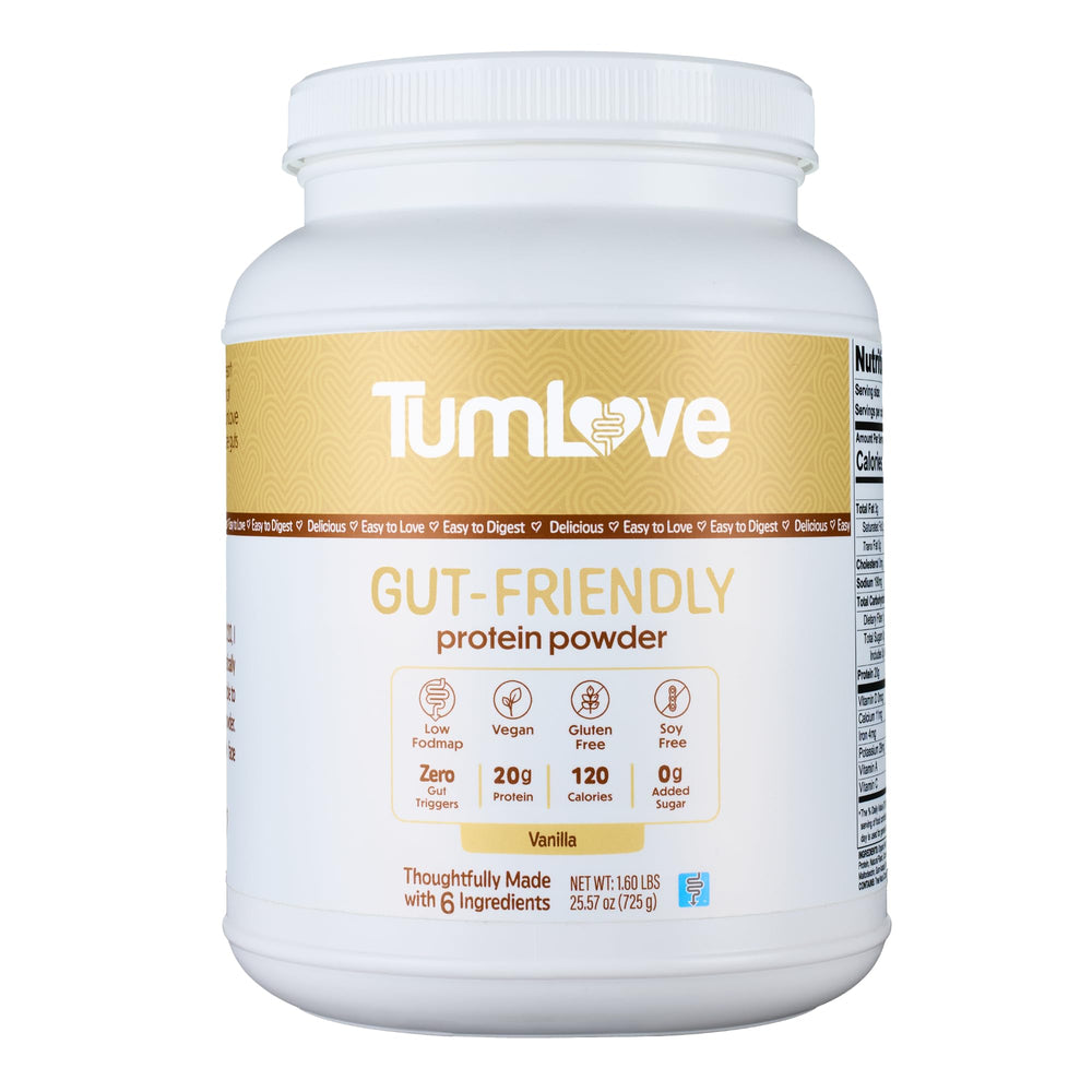 TumLove vegan protein powder vanilla jar side view, highlighting gluten-free and dairy-free benefits.