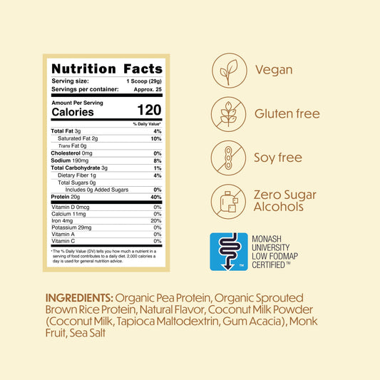 TumLove vegan protein powder vanilla scoop pouring, suggesting smooth texture for digestion-friendly shakes.