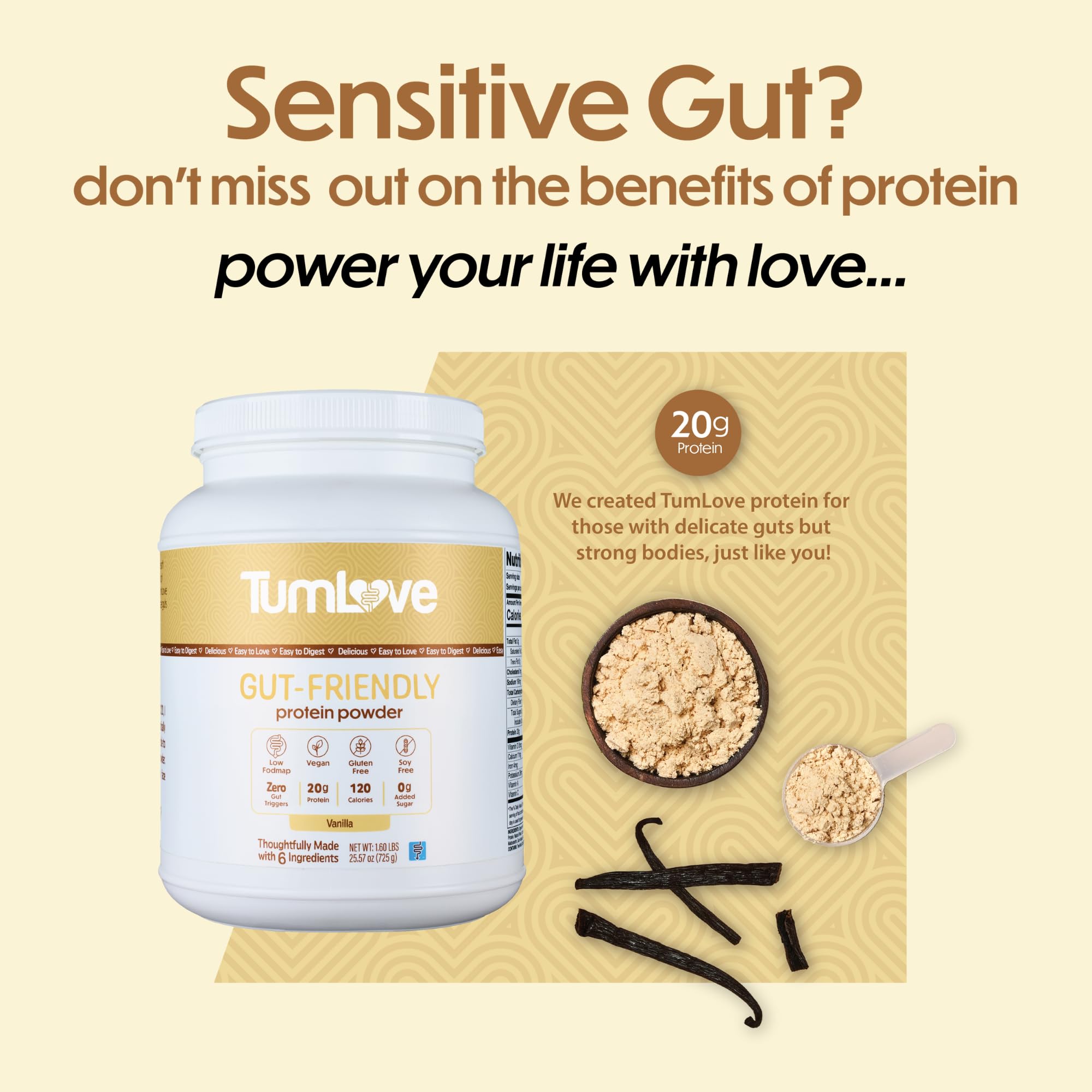 TumLove vanilla powder shown with a glass of smoothie, signaling low FODMAP and non-bloating support.
