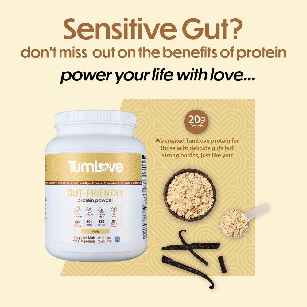 TumLove vanilla powder shown with a glass of smoothie, signaling low FODMAP and non-bloating support.