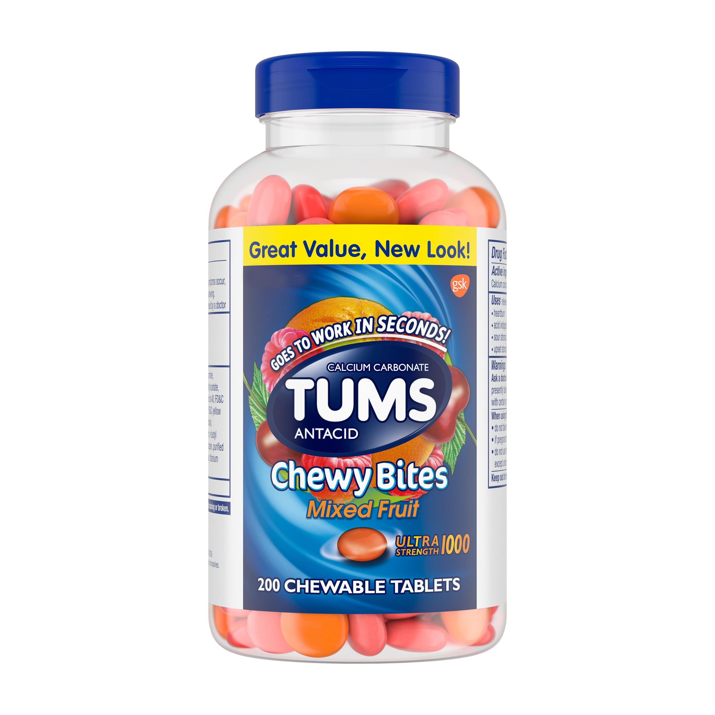 TUMS Chewy Bites mixed fruit bottle for quick heartburn relief