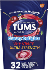 TUMS Chewy Delights Very Cherry bottle front, on-the-go flavor and value.