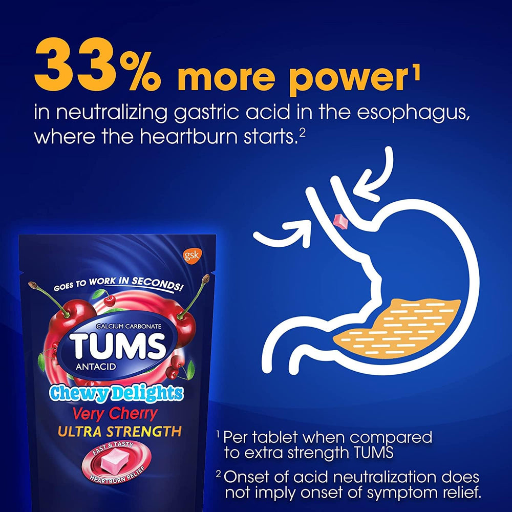 Box of four-pack, convenient for stocking up on TUMS Chewy Delights Very Cherry.