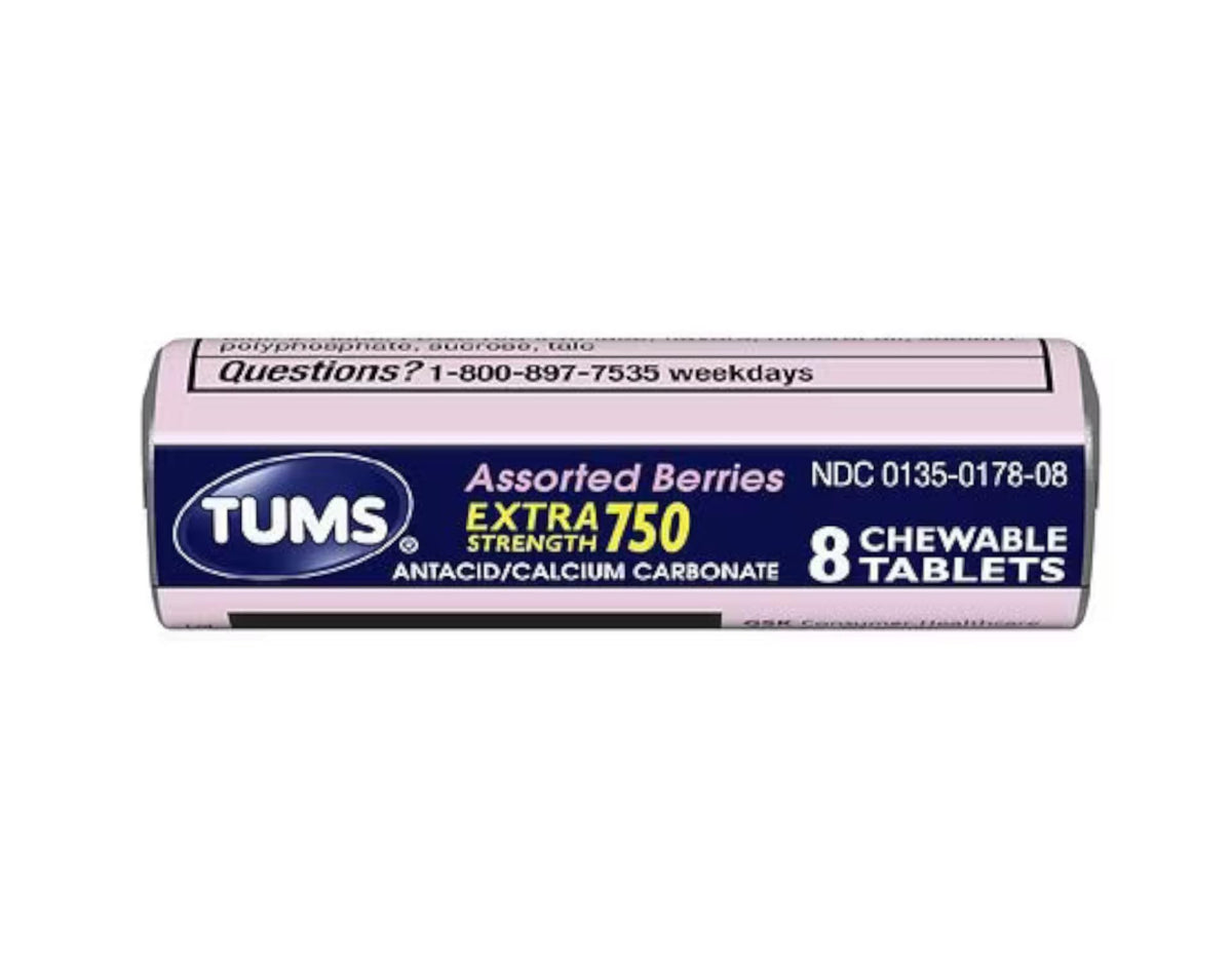 TUMS berry-flavored 750 antacid front packaging for easy daily use.