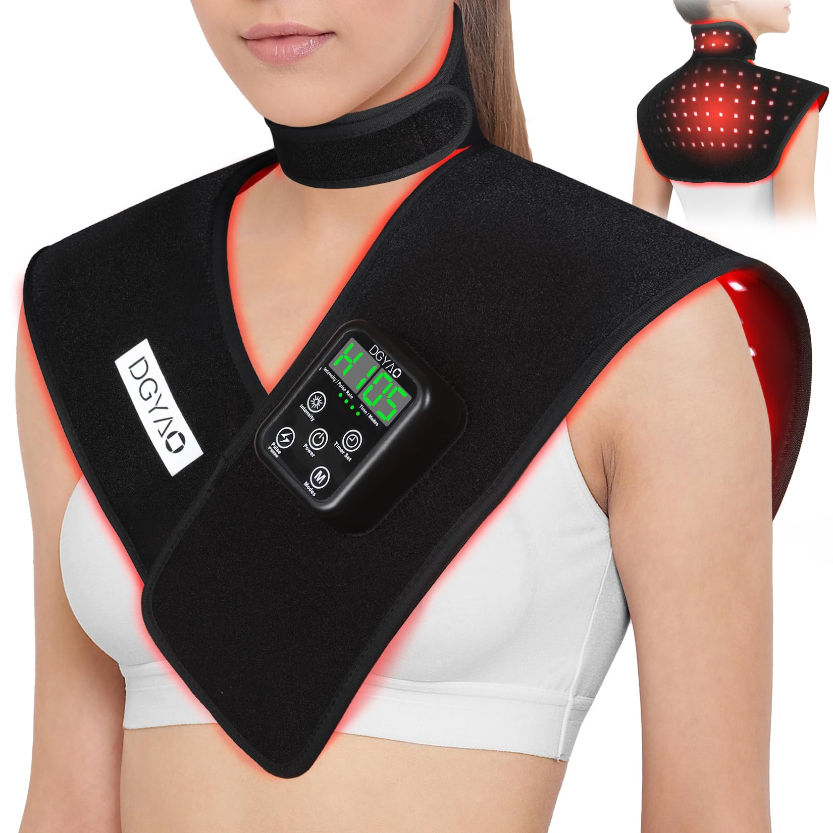 TUOB red light therapy device shoulder wrap enabling targeted relief on the back.