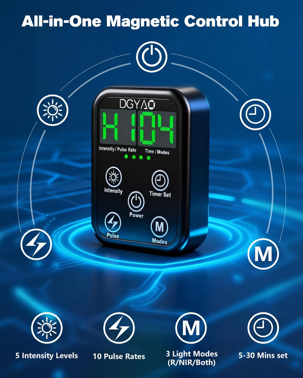 TUOYR foot-therapy control panel shows adjustable modes and intensities for personalized sessions.