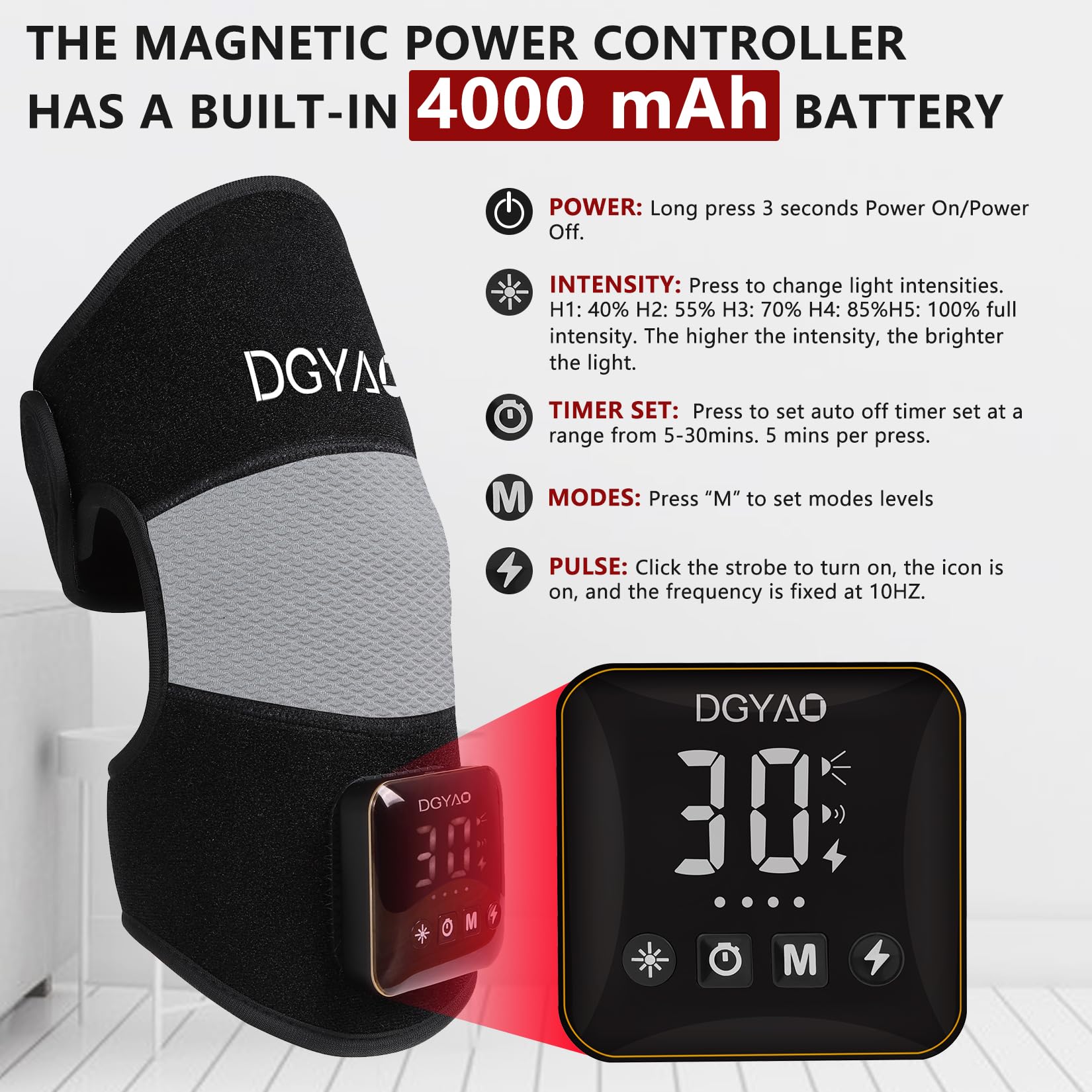 TUOYR device showing three lighting modes and adjustable intensity