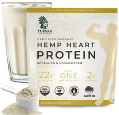 TUPAXA hemp protein powder bag in kitchen for pure plant protein.