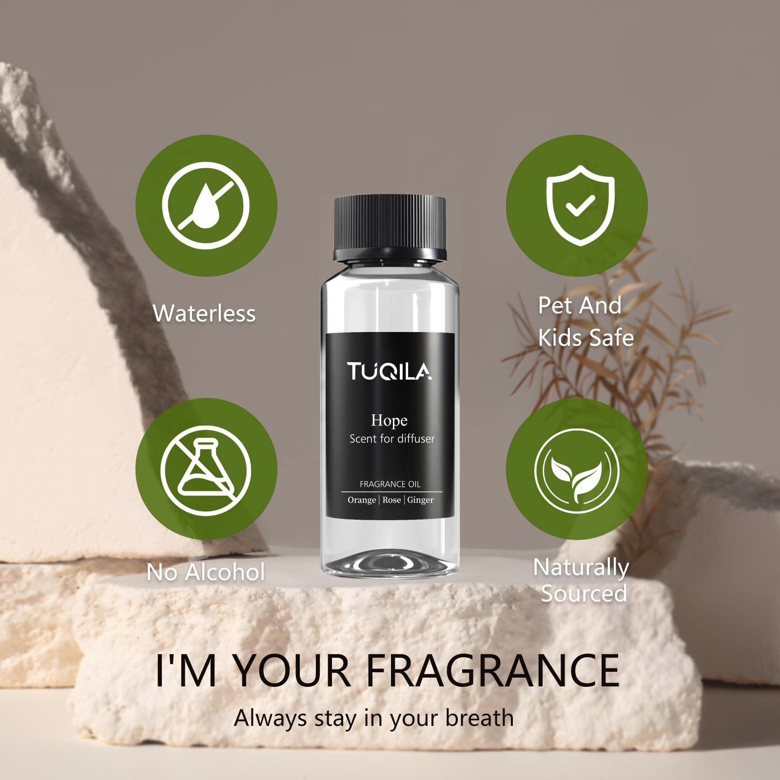 Tuqila Hotel Diffuser Oil Hope fragrance notes of orange, rose, and ginger.