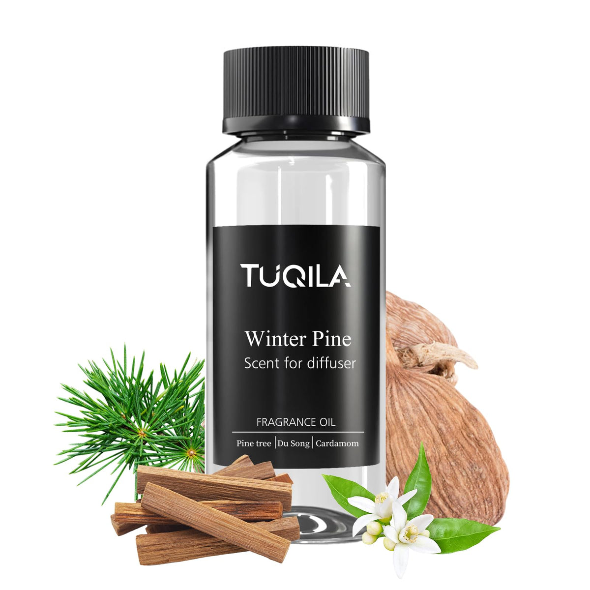 Tuqila Winter Pine diffuser oil bottle showing hotel-grade fragrance for refined spaces