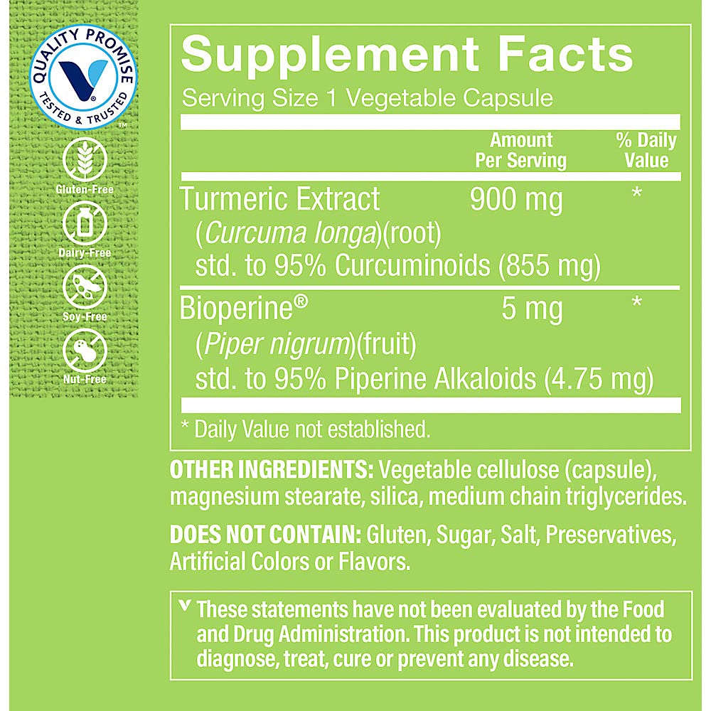 Turmeric Curcumin 900mg capsules close-up highlighting standardized curcuminoids for antioxidant potential.
