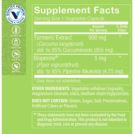 Turmeric Curcumin 900mg capsules close-up highlighting standardized curcuminoids for antioxidant potential.