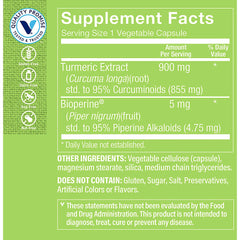Turmeric Curcumin 900mg capsules close-up highlighting standardized curcuminoids for antioxidant potential.