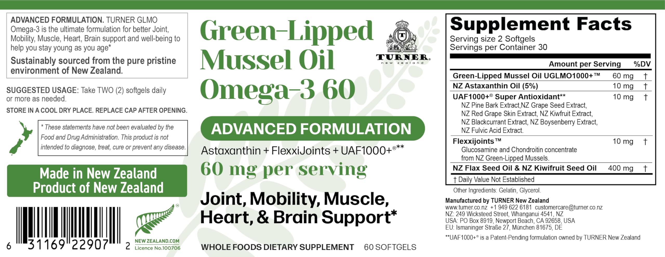 TURNER GLMO softgel capsules on white background, high-potency omega-3 source.