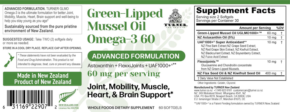 TURNER GLMO softgel capsules on white background, high-potency omega-3 source.