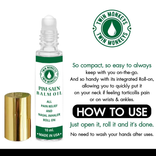 Twin Monkeys Oil Roll-On being applied to the forehead for calming aromatherapy.