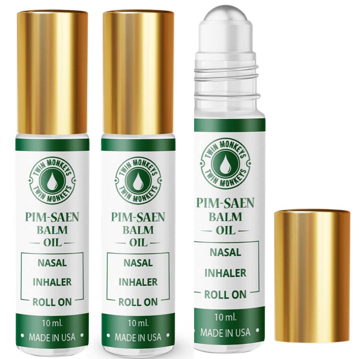Twin Monkeys Oil PIM-SAEN Roll-On bottle close-up for on-the-go relaxation.